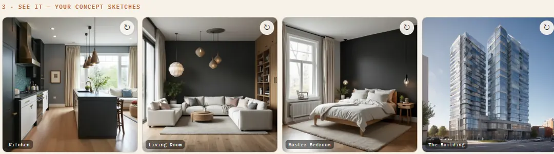 Four concept sketches generated from the buyer's answers: kitchen, living room, master bedroom and the building